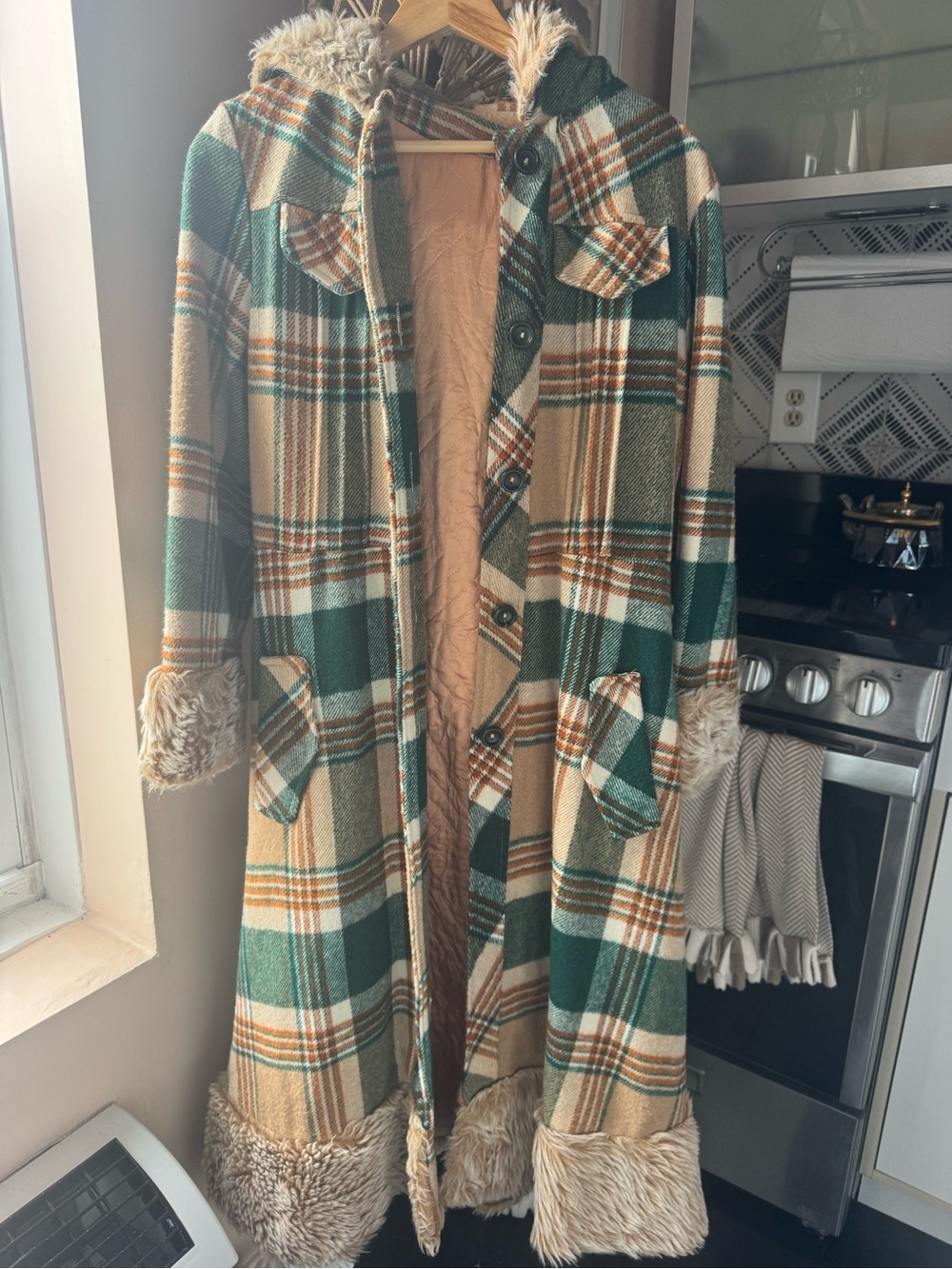 Plaid Hooded Faux Fur Trim VTG PENNYLANE Long Coat in Green & Tan